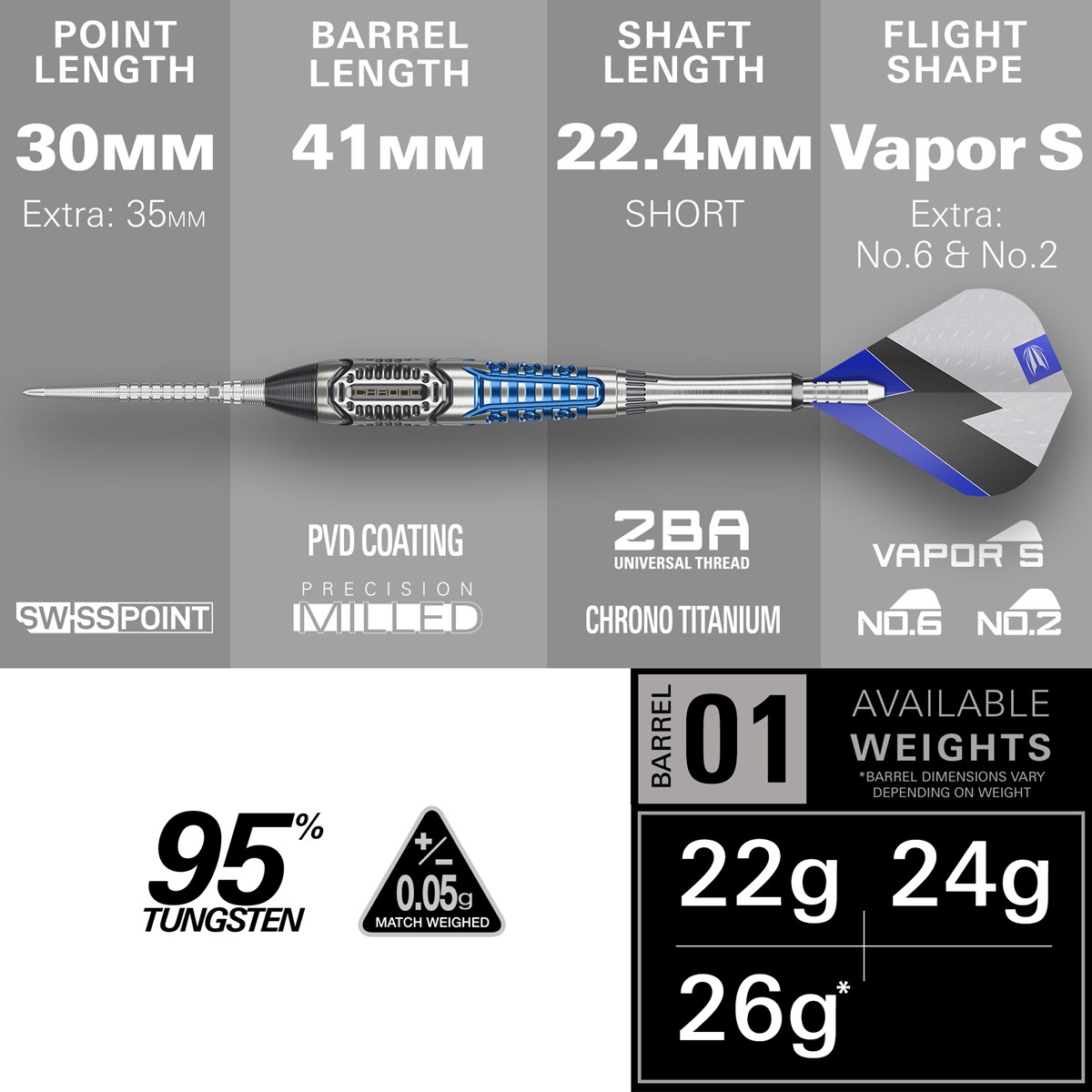 Target Darts Phil Taylor Power Chrono Tungsten SP Steel Tip Darts 26 grams